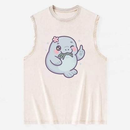 chubby manatee munching on seagrass, one flipper raised with sass - Vintage Washed Tank - Beige
