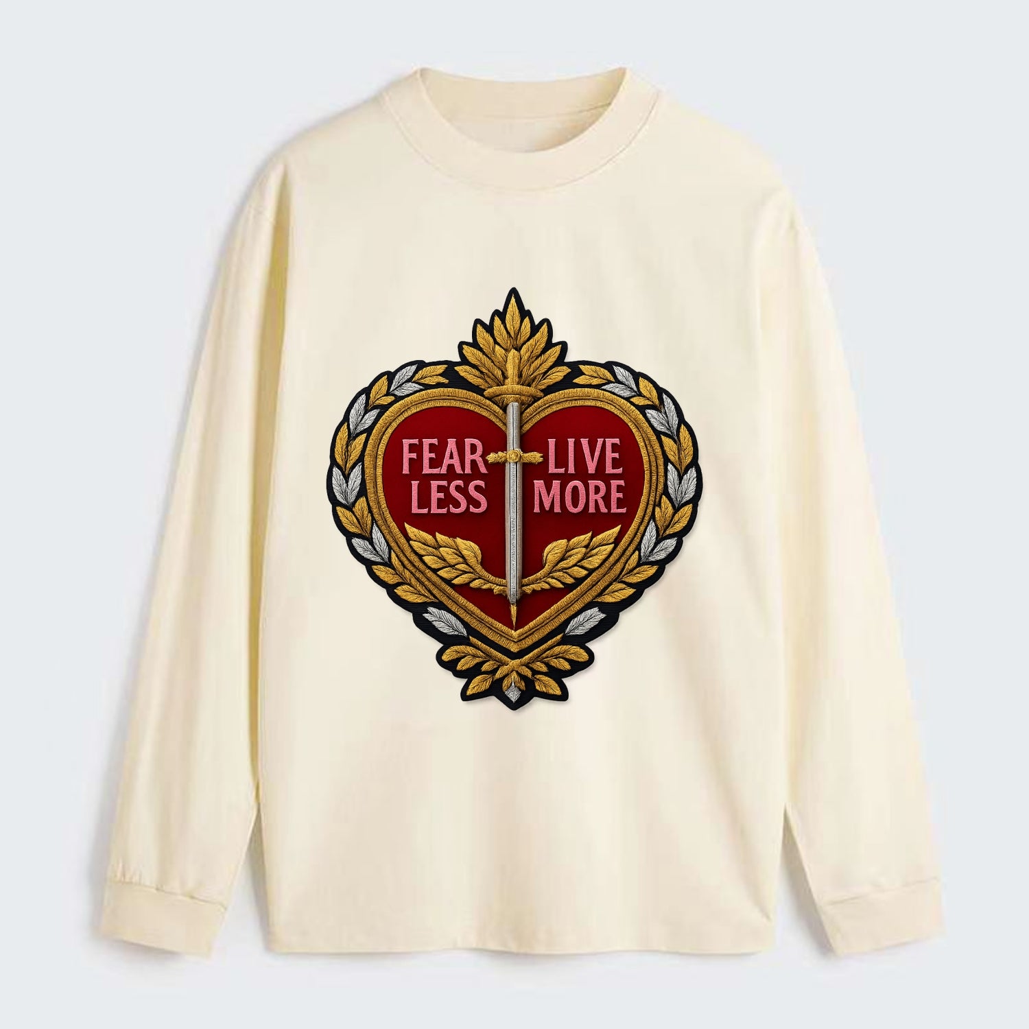 FEAR LESS LIVE MORE - heart with text in red , courage - Classic Long Sleeve Shirt - Beige
