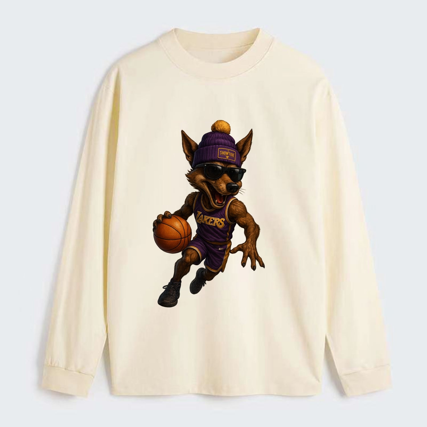 Hollywood Coyote wearing Lakers beanie with Showtime patch and wayfarer - Classic Long Sleeve Shirt - Beige