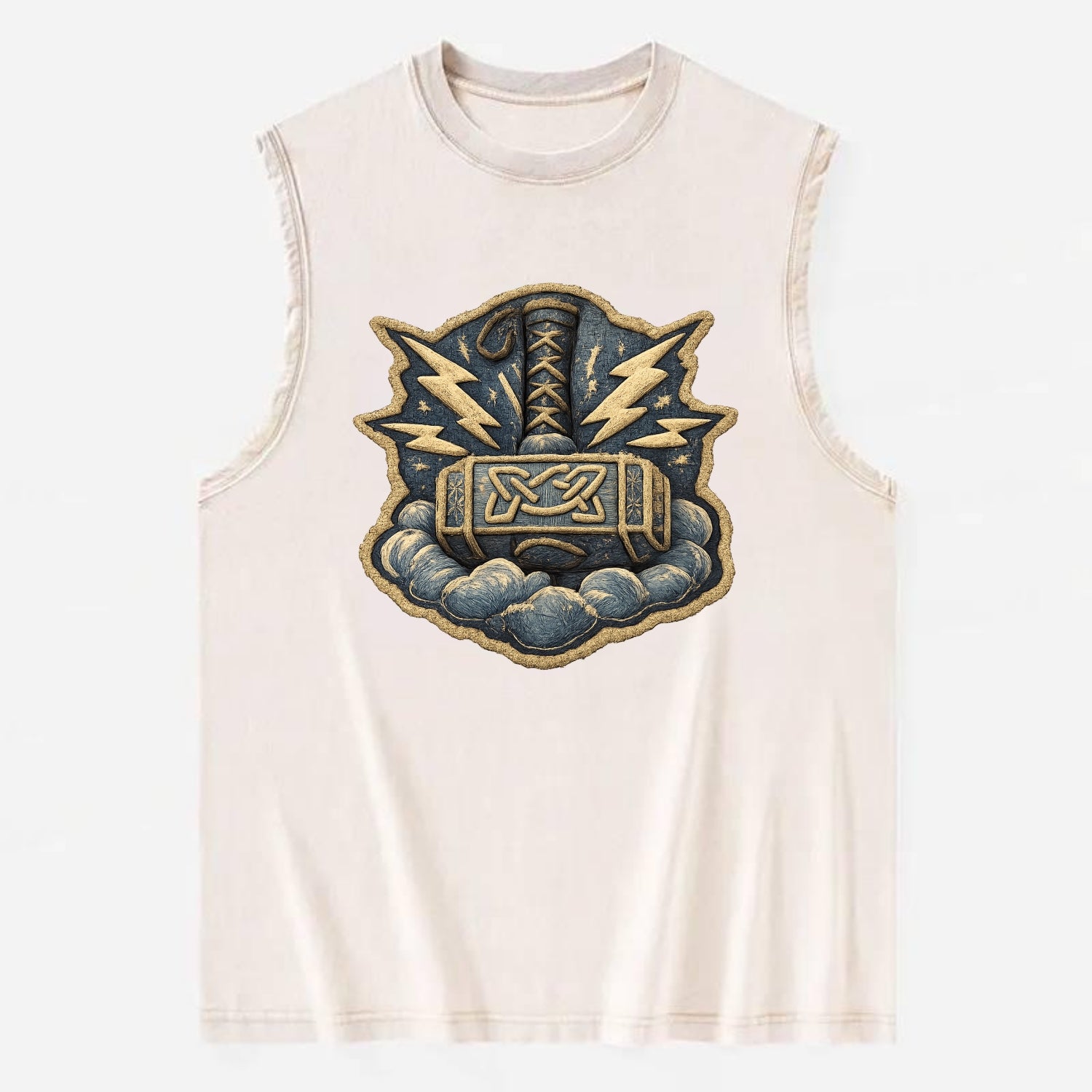 THOR HAMMER MJOLNIR - mighty hammer in silver and blue , thunder god - Vintage Washed Tank - Beige