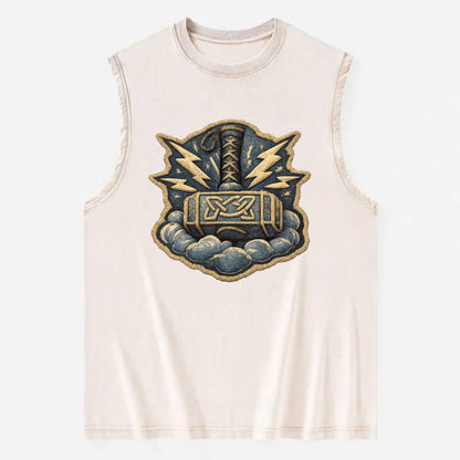 THOR HAMMER MJOLNIR - mighty hammer in silver and blue , thunder god - Vintage Washed Tank - Beige