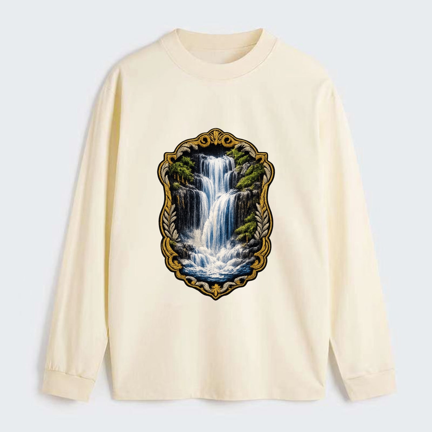 WATERFALL CASCADE - falling water with mist in blue and white , nature - Classic Long Sleeve Shirt - Beige