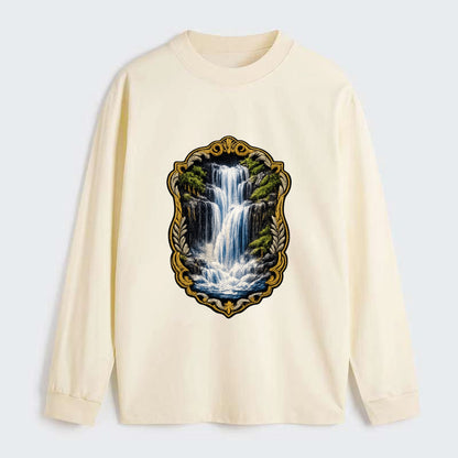 WATERFALL CASCADE - falling water with mist in blue and white , nature - Classic Long Sleeve Shirt - Beige