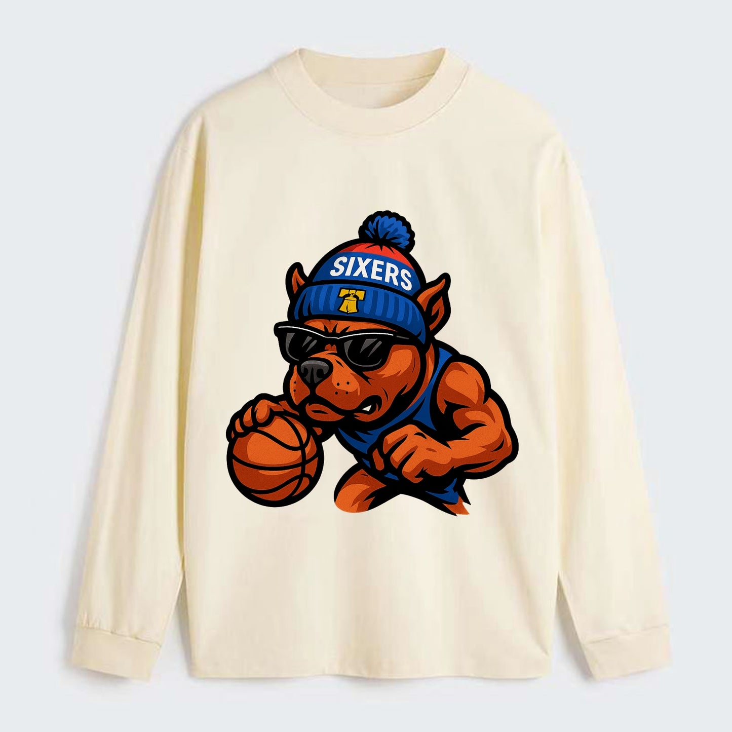 Philly Pitbull wearing Sixers beanie with Liberty Bell and wayfarer - Classic Long Sleeve Shirt - Beige
