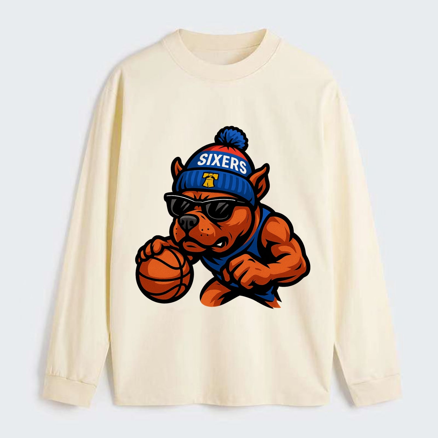 Philly Pitbull wearing Sixers beanie with Liberty Bell and wayfarer - Classic Long Sleeve Shirt - Beige