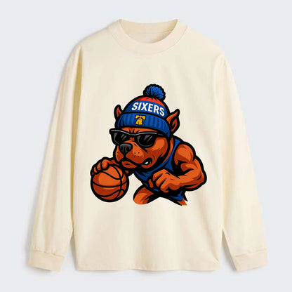 Philly Pitbull wearing Sixers beanie with Liberty Bell and wayfarer - Classic Long Sleeve Shirt - Beige