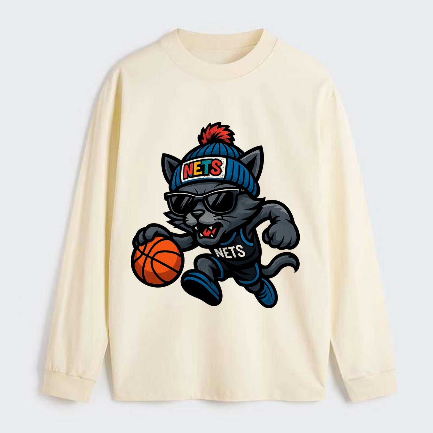 Brooklyn Cat wearing Nets beanie with street art patch and wayfarer - Classic Long Sleeve Shirt - Beige