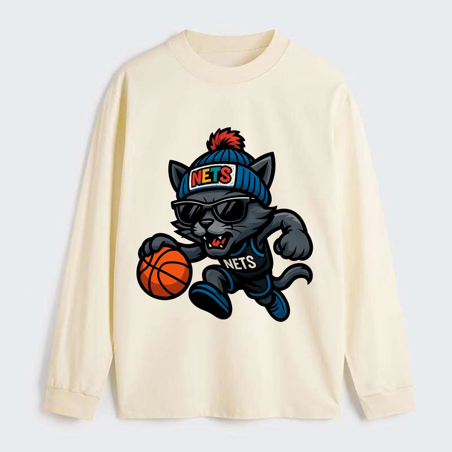 Brooklyn Cat wearing Nets beanie with street art patch and wayfarer - Classic Long Sleeve Shirt - Beige