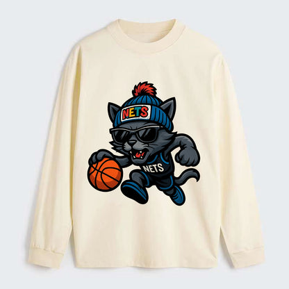 Brooklyn Cat wearing Nets beanie with street art patch and wayfarer - Classic Long Sleeve Shirt - Beige
