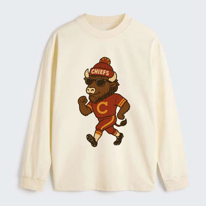 KC Bison wearing Chiefs beanie with arrowhead patch and wayfarer - Classic Long Sleeve Shirt - Beige