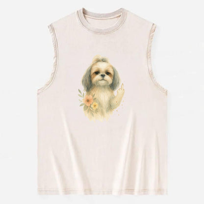 Shih Tzu with long flowing silky hair, tiny paw showing attitude - Vintage Washed Tank - Beige