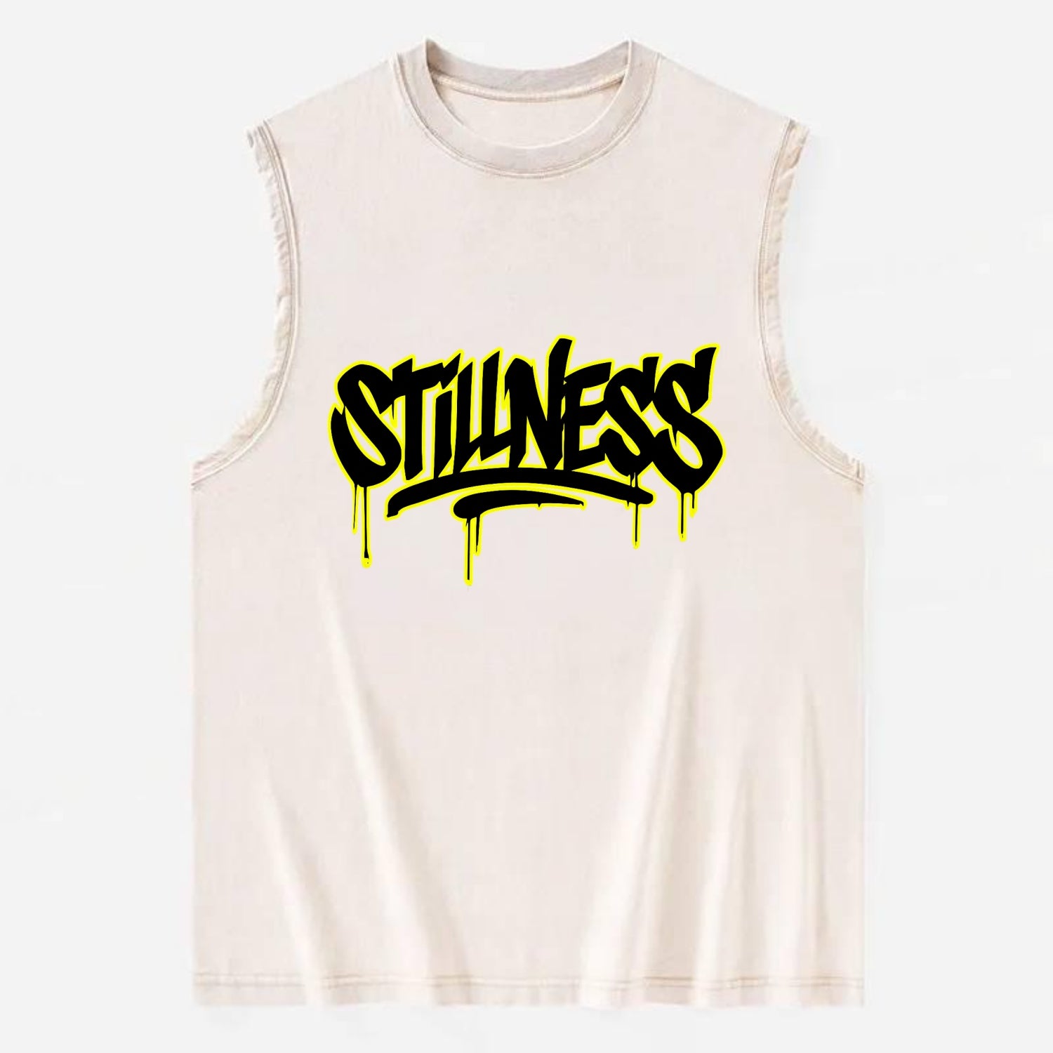 Bold typography design - "STILLNESS" - quiet power, peaceful presence - Vintage Washed Tank - Beige