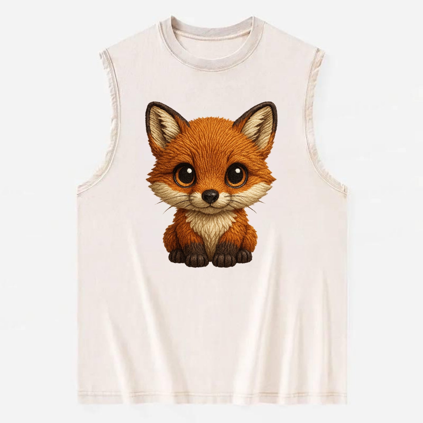Baby Red Fox - russet fur, white chest, big amber eyes, perky ears, - Vintage Washed Tank - Beige