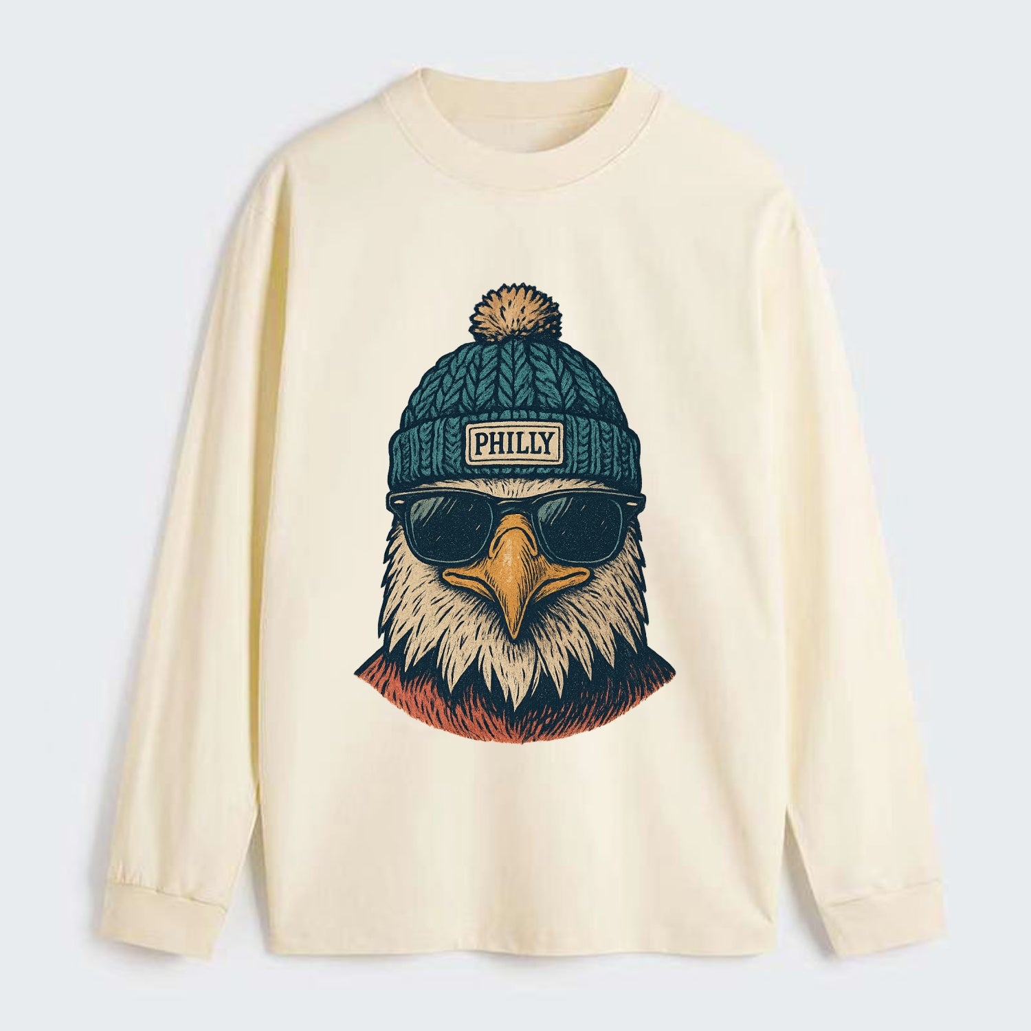 Philadelphia Eagle wearing Philly beanie with pom pom and wayfarer - Classic Long Sleeve Shirt - Beige