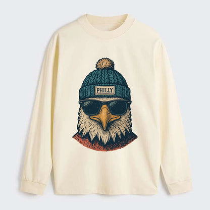 Philadelphia Eagle wearing Philly beanie with pom pom and wayfarer - Classic Long Sleeve Shirt - Beige