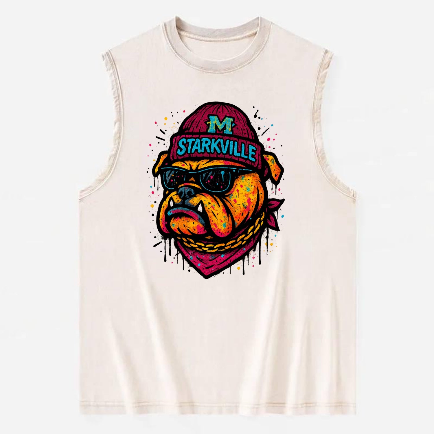 Starkville Bulldog wearing Mississippi State beanie with M patch - Vintage Washed Tank - Beige