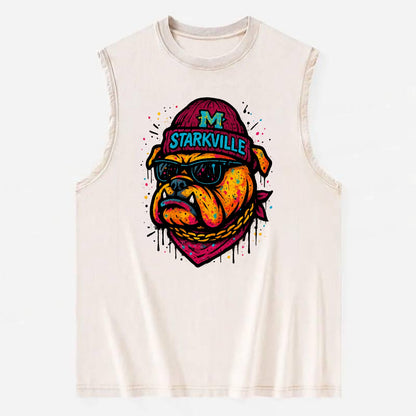 Starkville Bulldog wearing Mississippi State beanie with M patch - Vintage Washed Tank - Beige