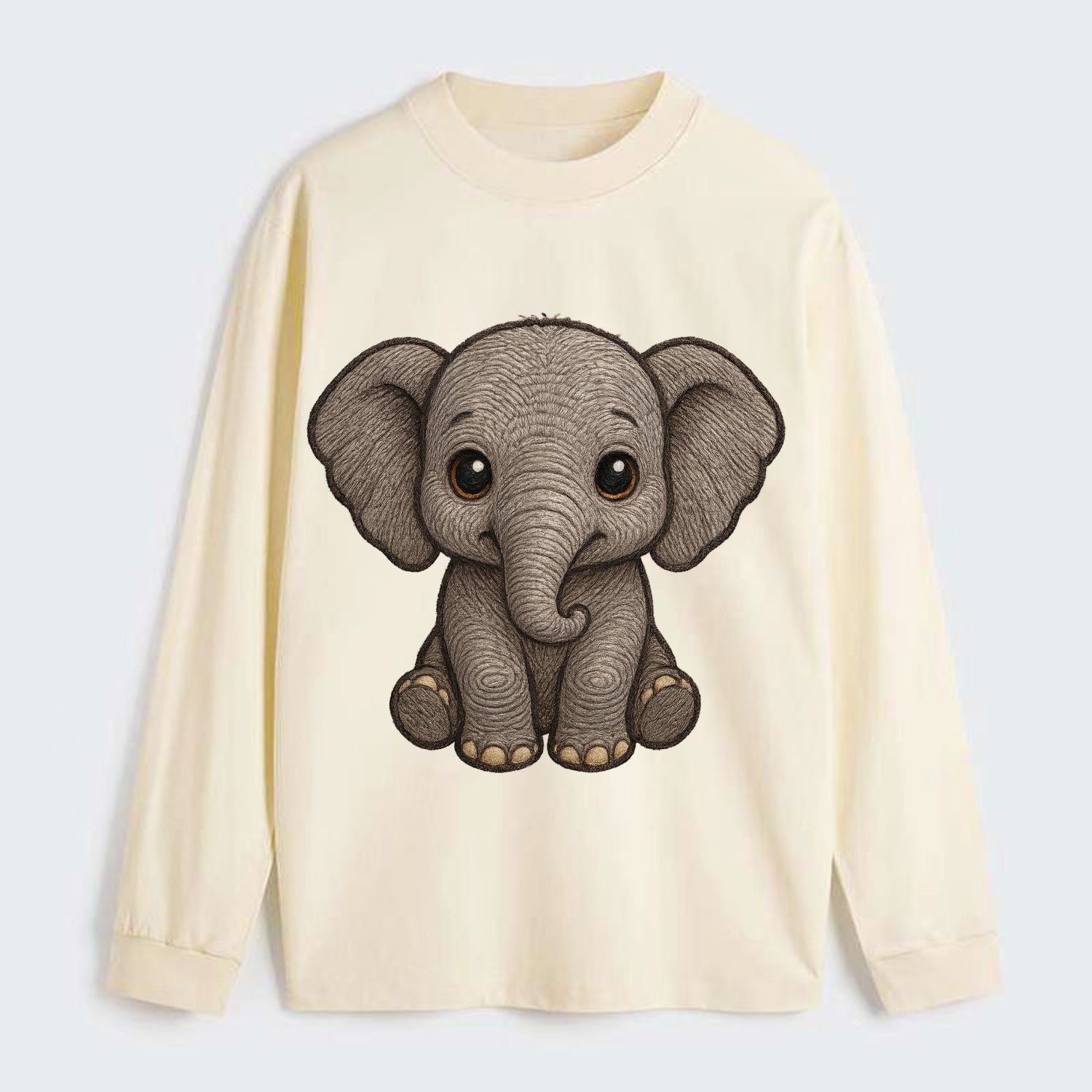 Baby Elephant - gray wrinkly, tiny trunk, large floppy ears, kind dark - Classic Long Sleeve Shirt - Beige