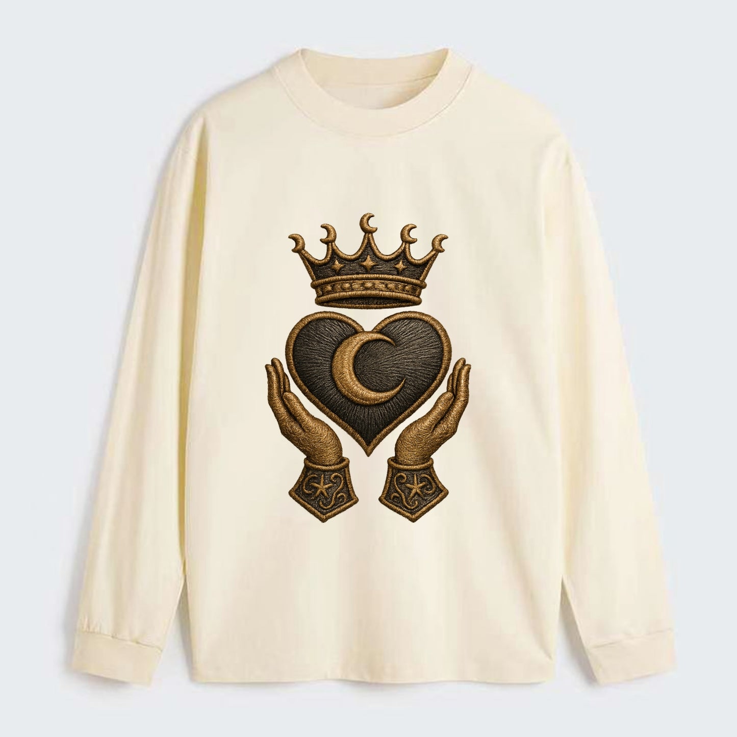Moonlit crescent crown cradling a hematite heart with stargazer hands - Classic Long Sleeve Shirt - Beige
