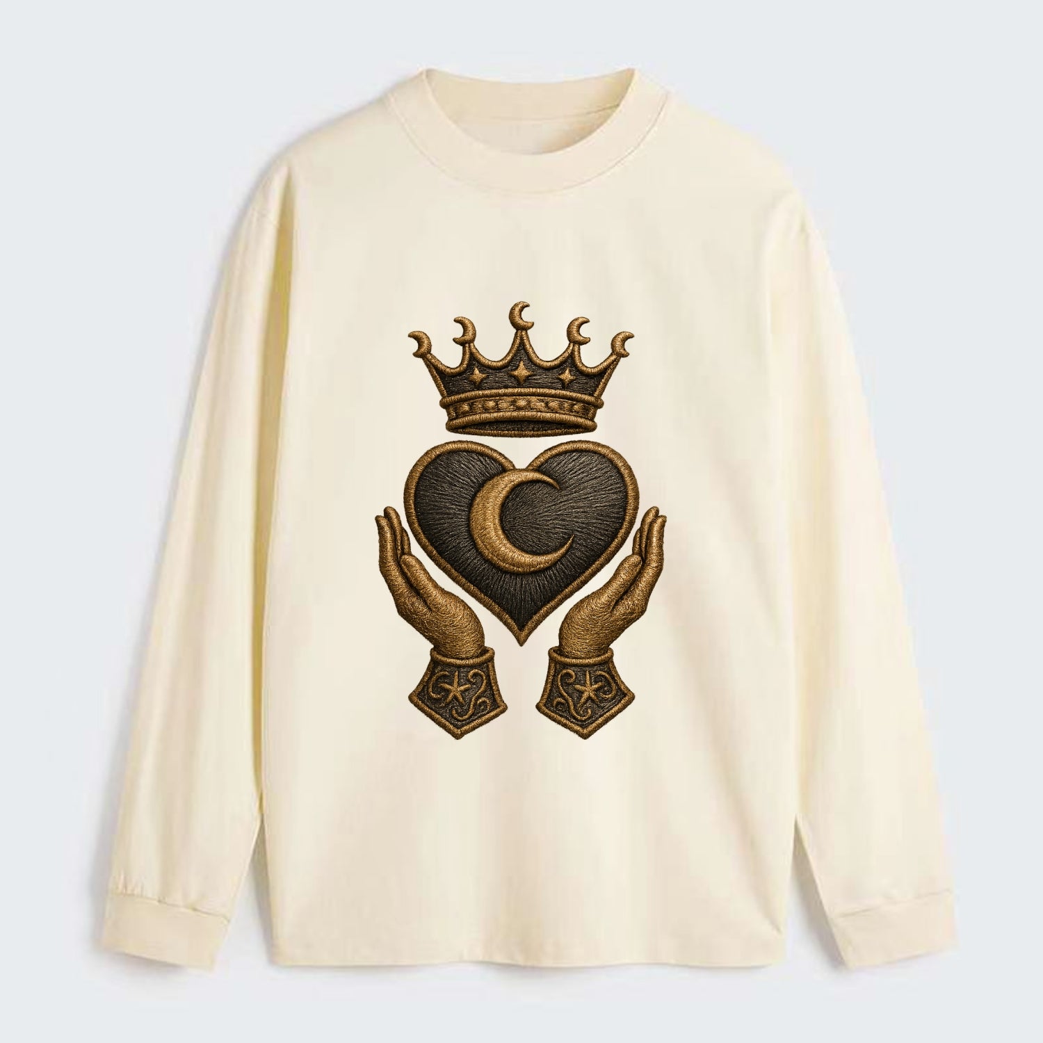 Moonlit crescent crown cradling a hematite heart with stargazer hands - Classic Long Sleeve Shirt - Beige