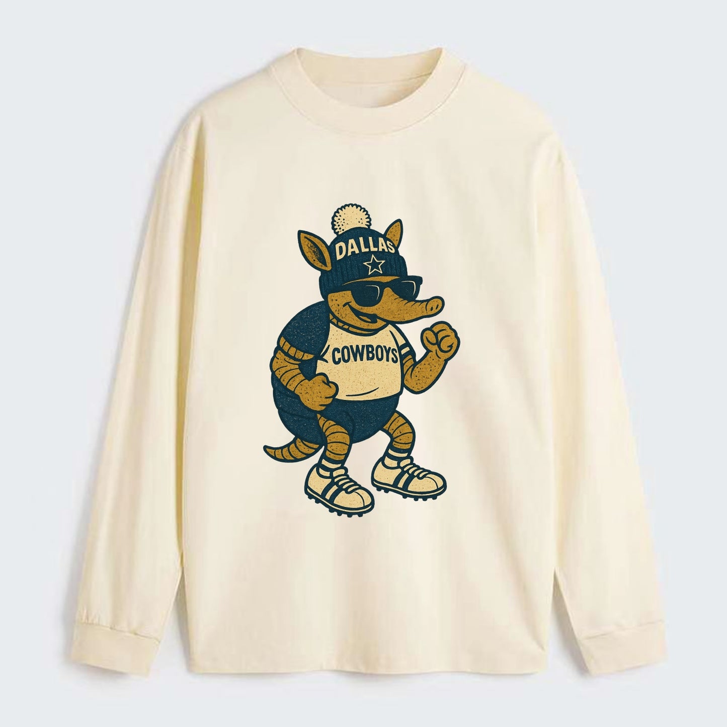 Dallas Armadillo wearing Cowboys beanie with lone star patch and - Classic Long Sleeve Shirt - Beige