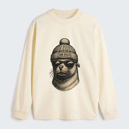 San Diego Sea Lion wearing San Diego beanie with pom pom and wayfarer - Classic Long Sleeve Shirt - Beige