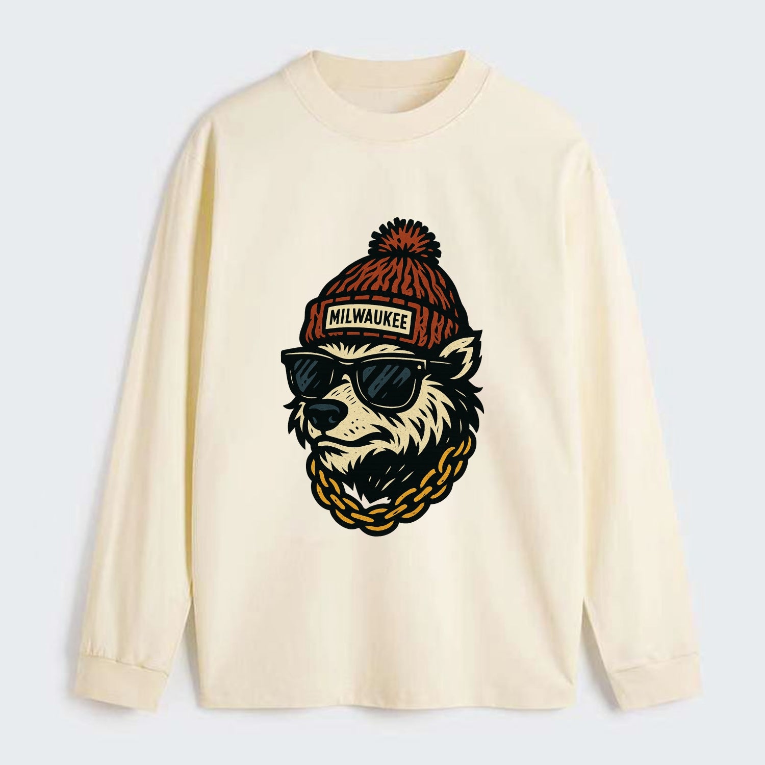 Milwaukee Badger wearing Milwaukee beanie with pom pom and wayfarer - Classic Long Sleeve Shirt - Beige