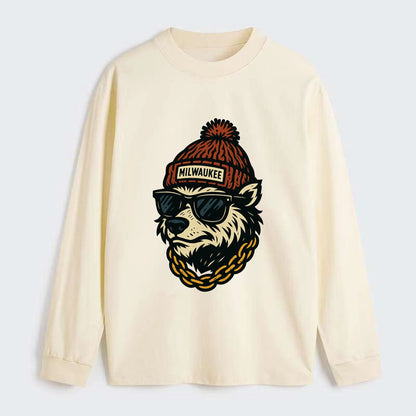 Milwaukee Badger wearing Milwaukee beanie with pom pom and wayfarer - Classic Long Sleeve Shirt - Beige