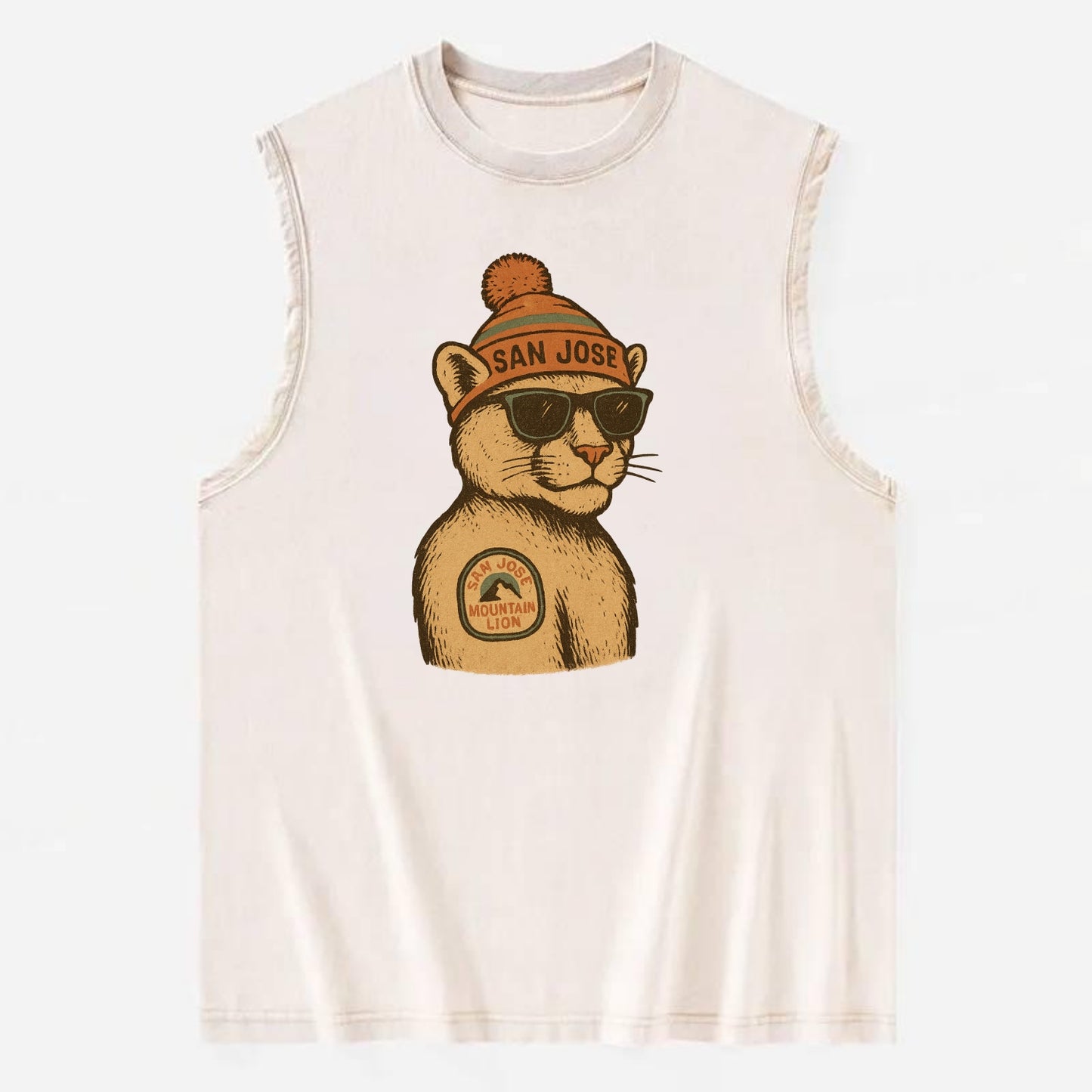 San Jose Mountain Lion wearing San Jose beanie with pom pom and wayfarer - Vintage Washed Tank - Beige