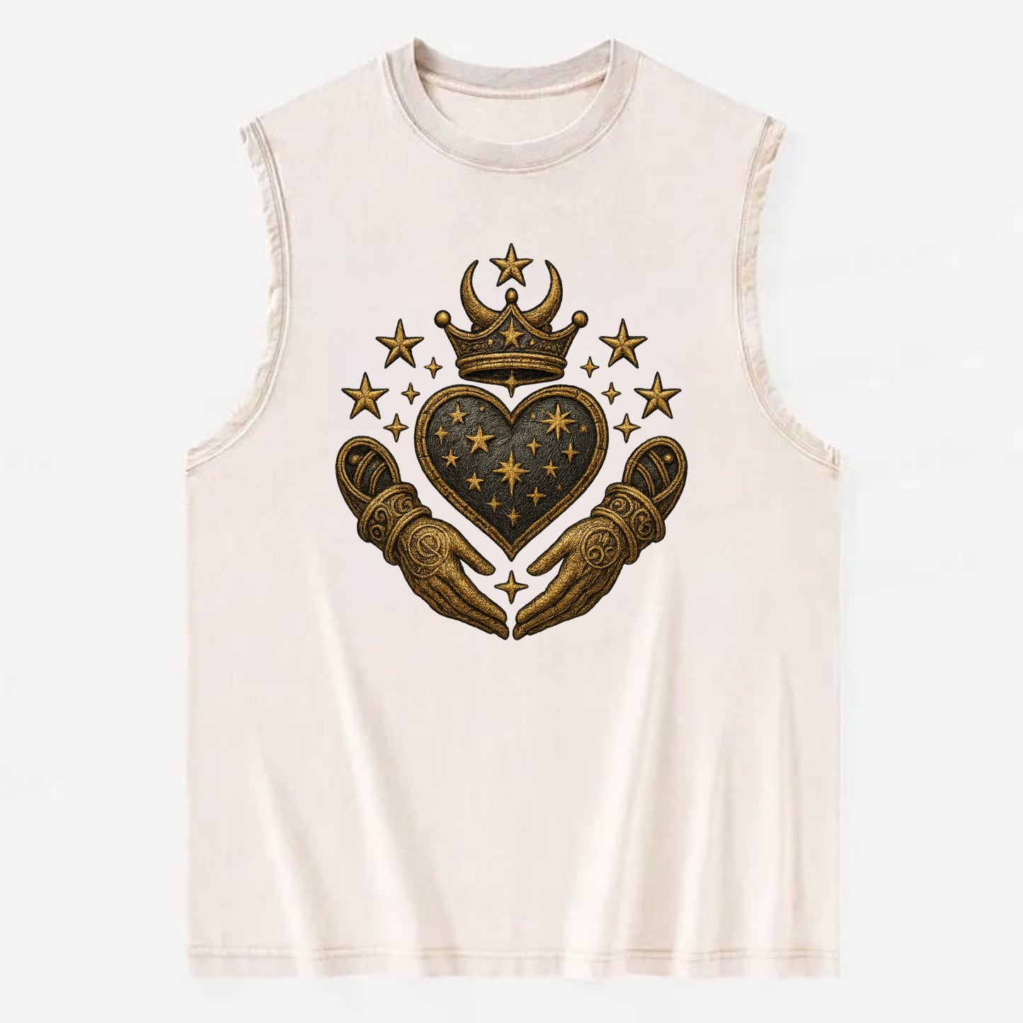 Weathered antique brass crown above a hammered gunmetal heart framed by - Vintage Washed Tank - Beige