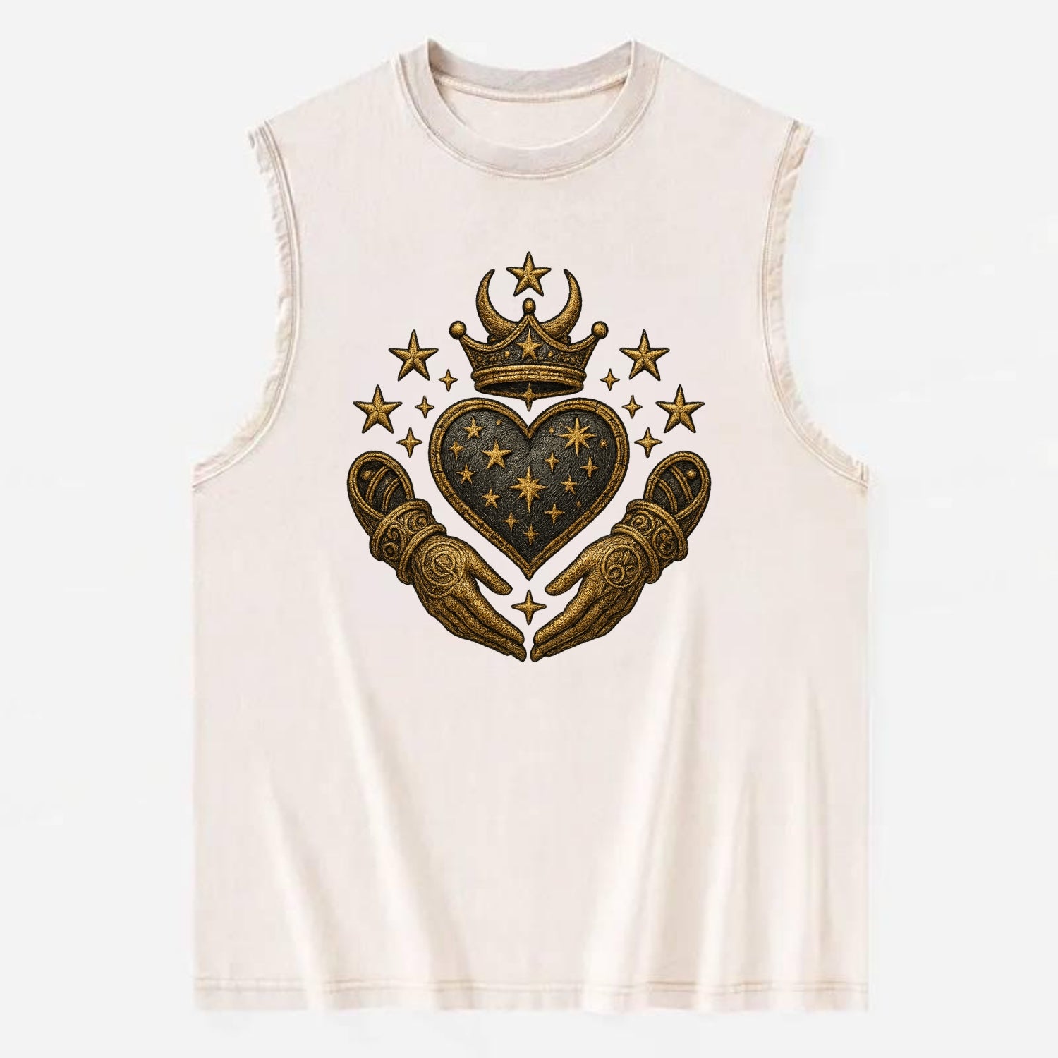 Weathered antique brass crown above a hammered gunmetal heart framed by - Vintage Washed Tank - Beige