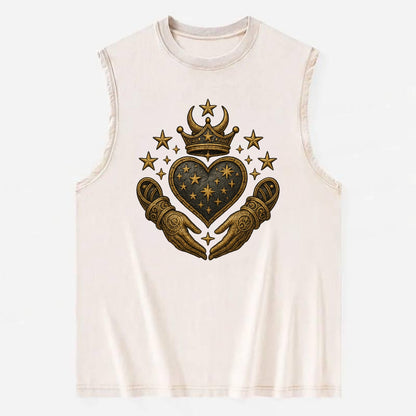 Weathered antique brass crown above a hammered gunmetal heart framed by - Vintage Washed Tank - Beige