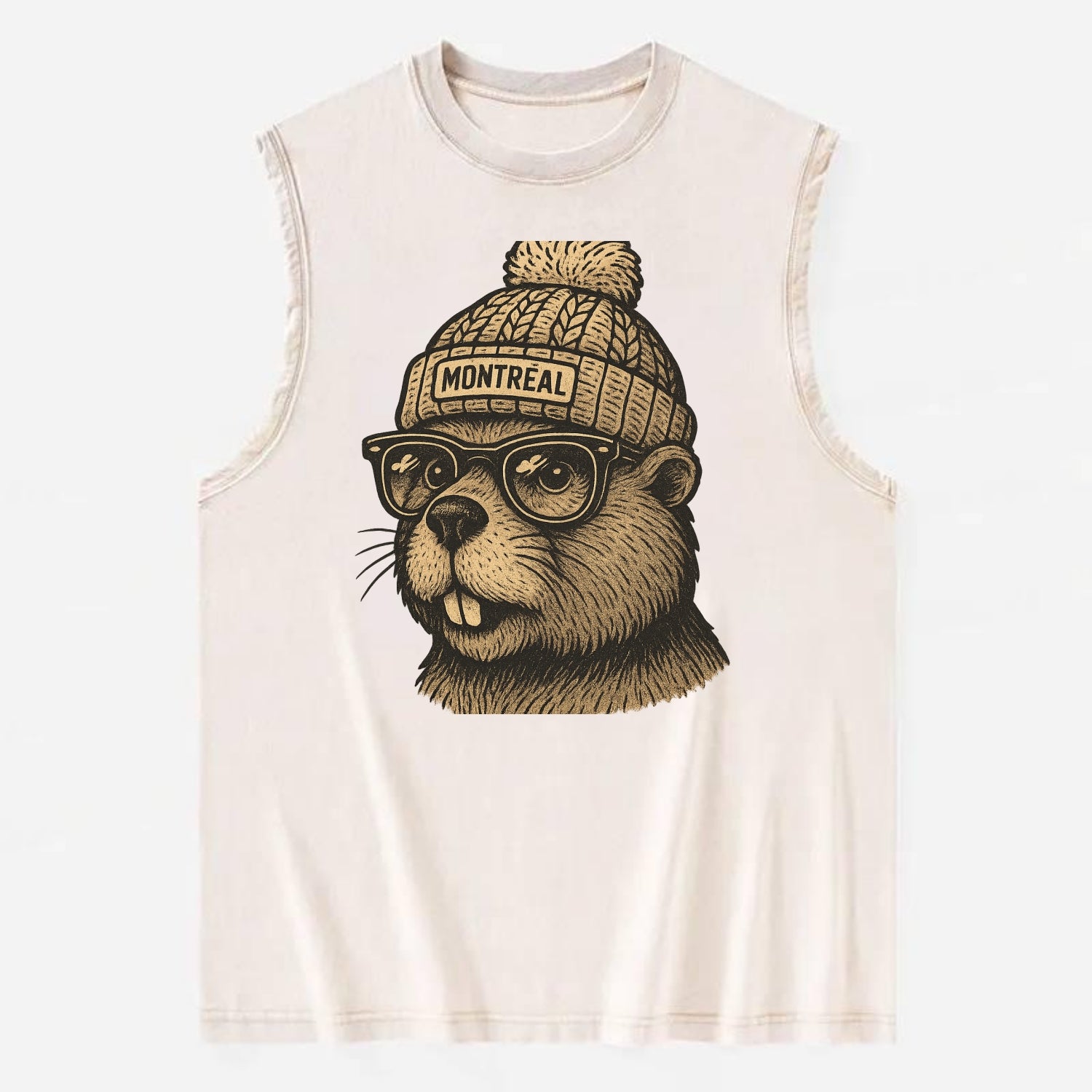 Montreal Beaver wearing Montreal beanie with pom pom and wayfarer sunglasses - Vintage Washed Tank - Beige