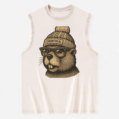 Montreal Beaver wearing Montreal beanie with pom pom and wayfarer sunglasses - Vintage Washed Tank - Beige