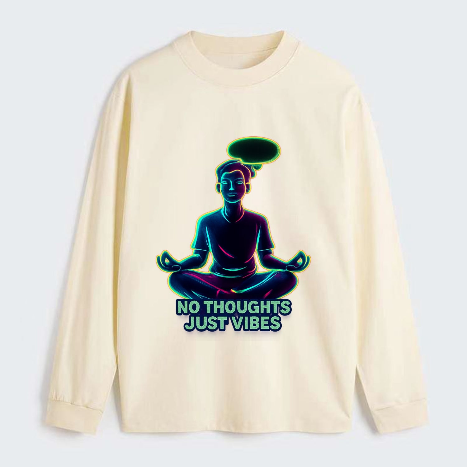 Peaceful floating figure with empty thought bubble - "no thoughts just - Classic Long Sleeve Shirt - Beige
