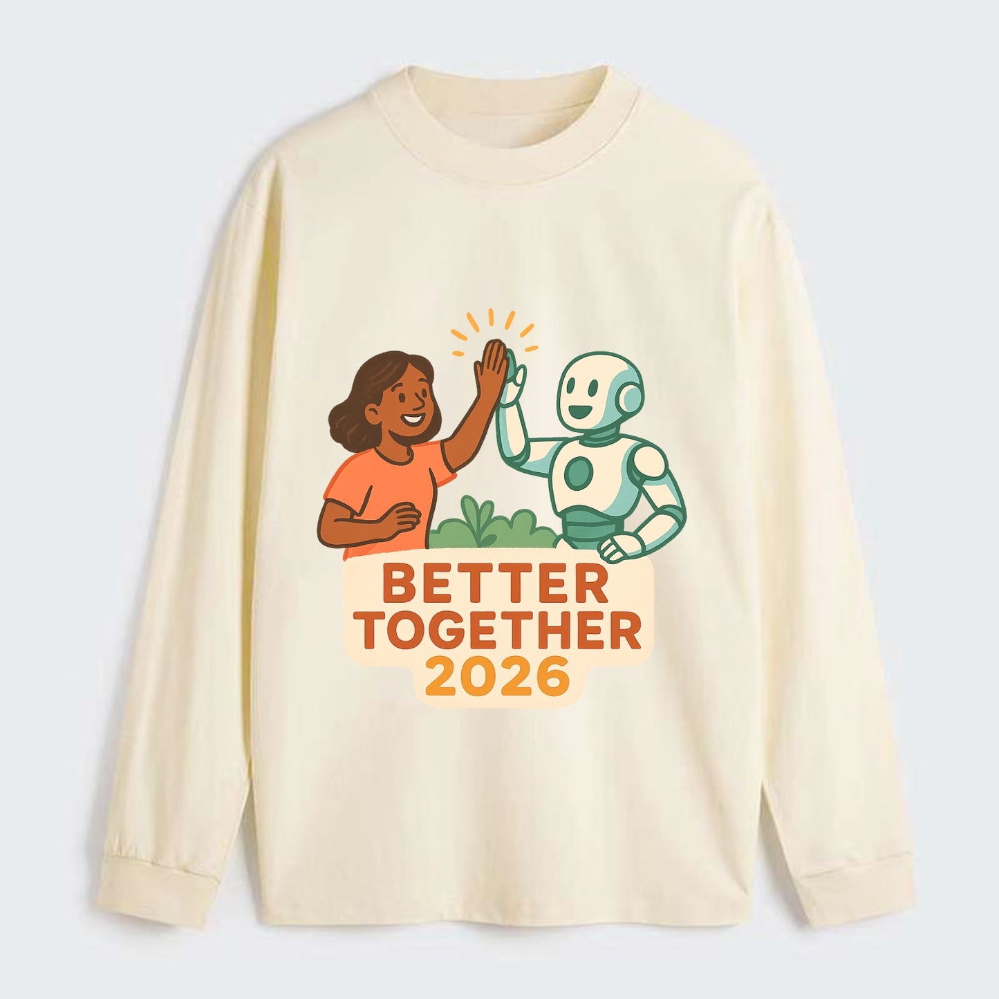 Human and AI robot high-fiving as collaborative partners - "Better - Classic Long Sleeve Shirt - Beige