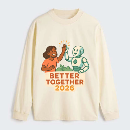 Human and AI robot high-fiving as collaborative partners - "Better - Classic Long Sleeve Shirt - Beige