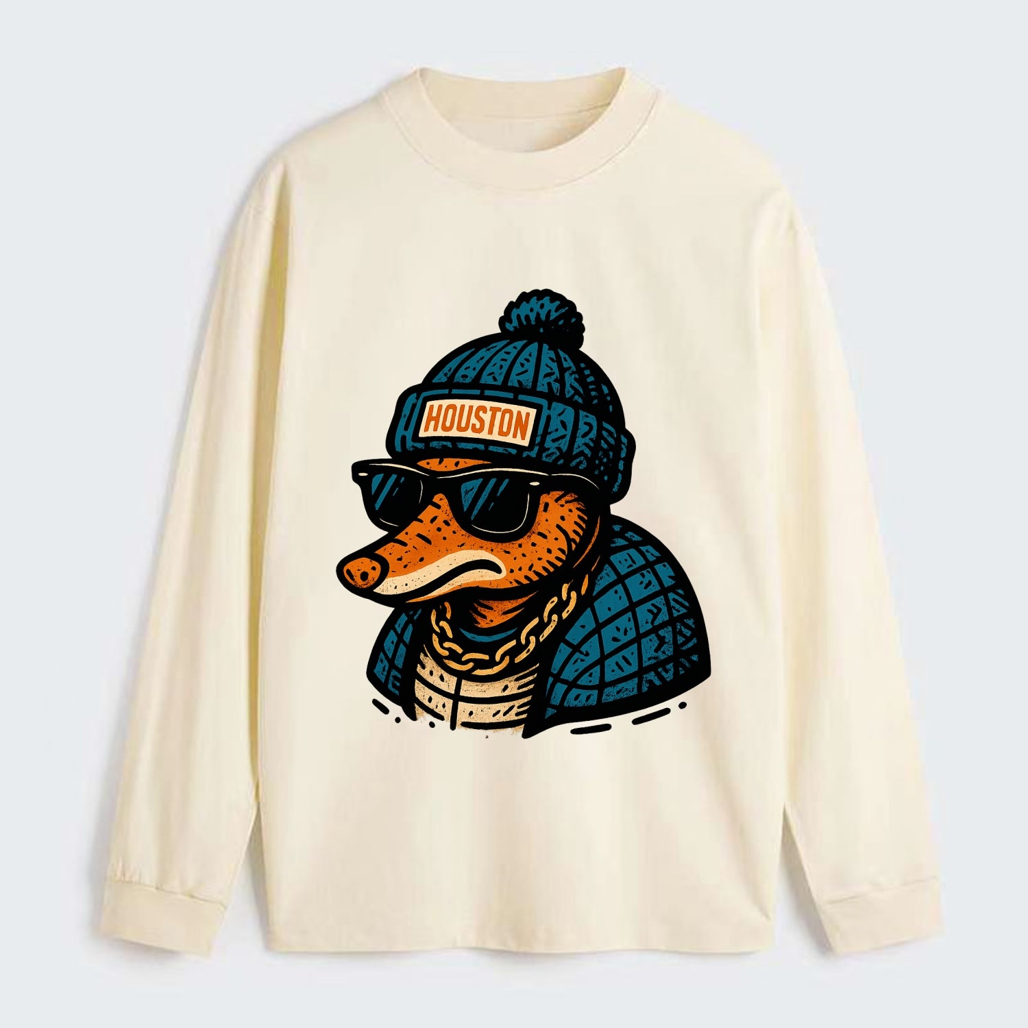 Houston Armadillo wearing Houston beanie with pom pom and wayfarer - Classic Long Sleeve Shirt - Beige
