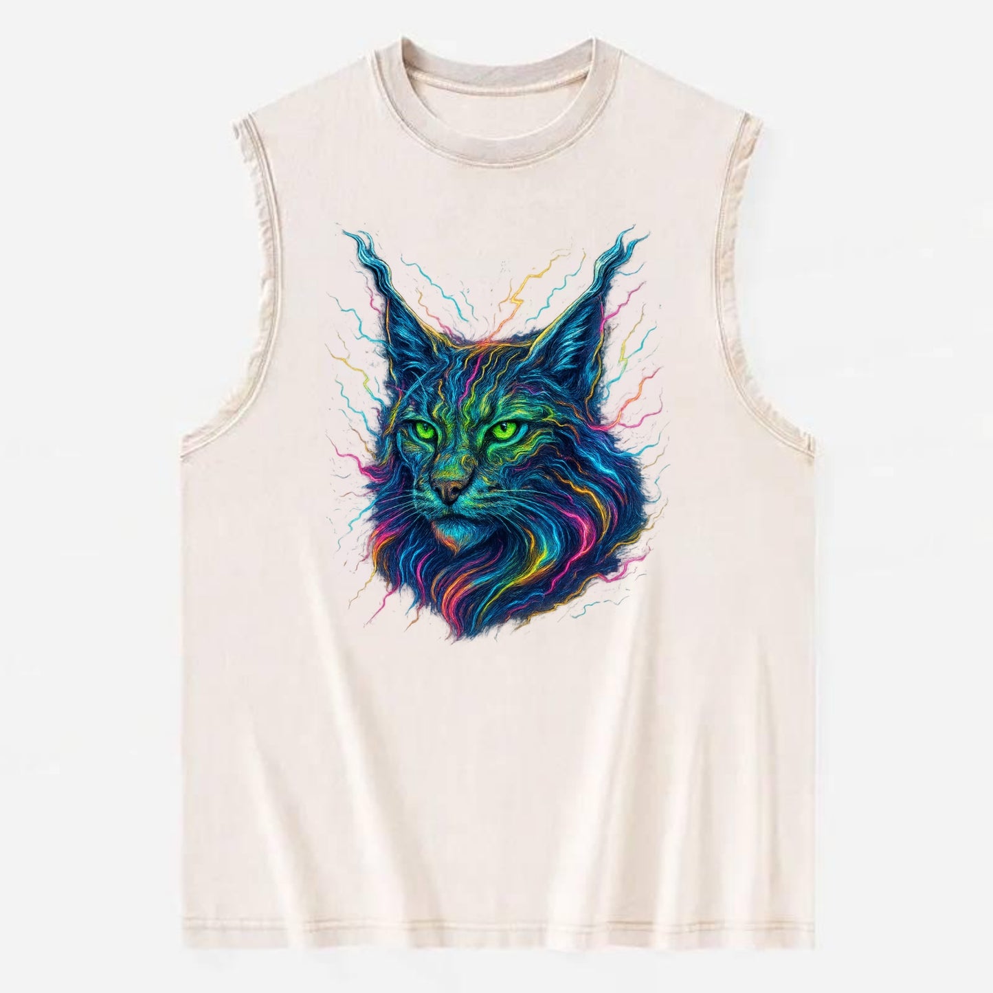 Wild lynx with ear tufts transforming into liquid mercury flows, silver and - Vintage Washed Tank - Beige