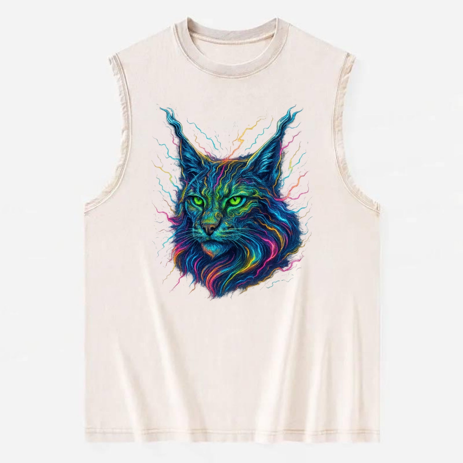 Wild lynx with ear tufts transforming into liquid mercury flows, silver and - Vintage Washed Tank - Beige