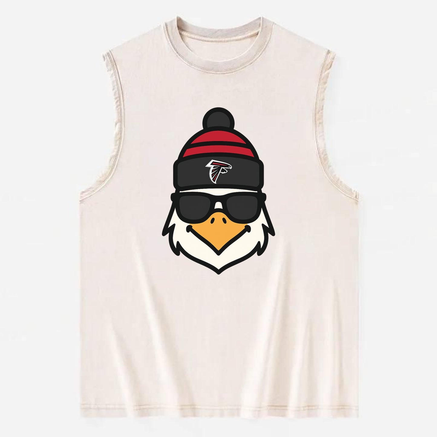 Atlanta Falcon wearing Falcons red and black beanie with pom pom and wayfarer - Vintage Washed Tank - Beige