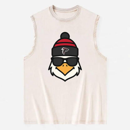 Atlanta Falcon wearing Falcons red and black beanie with pom pom and wayfarer - Vintage Washed Tank - Beige
