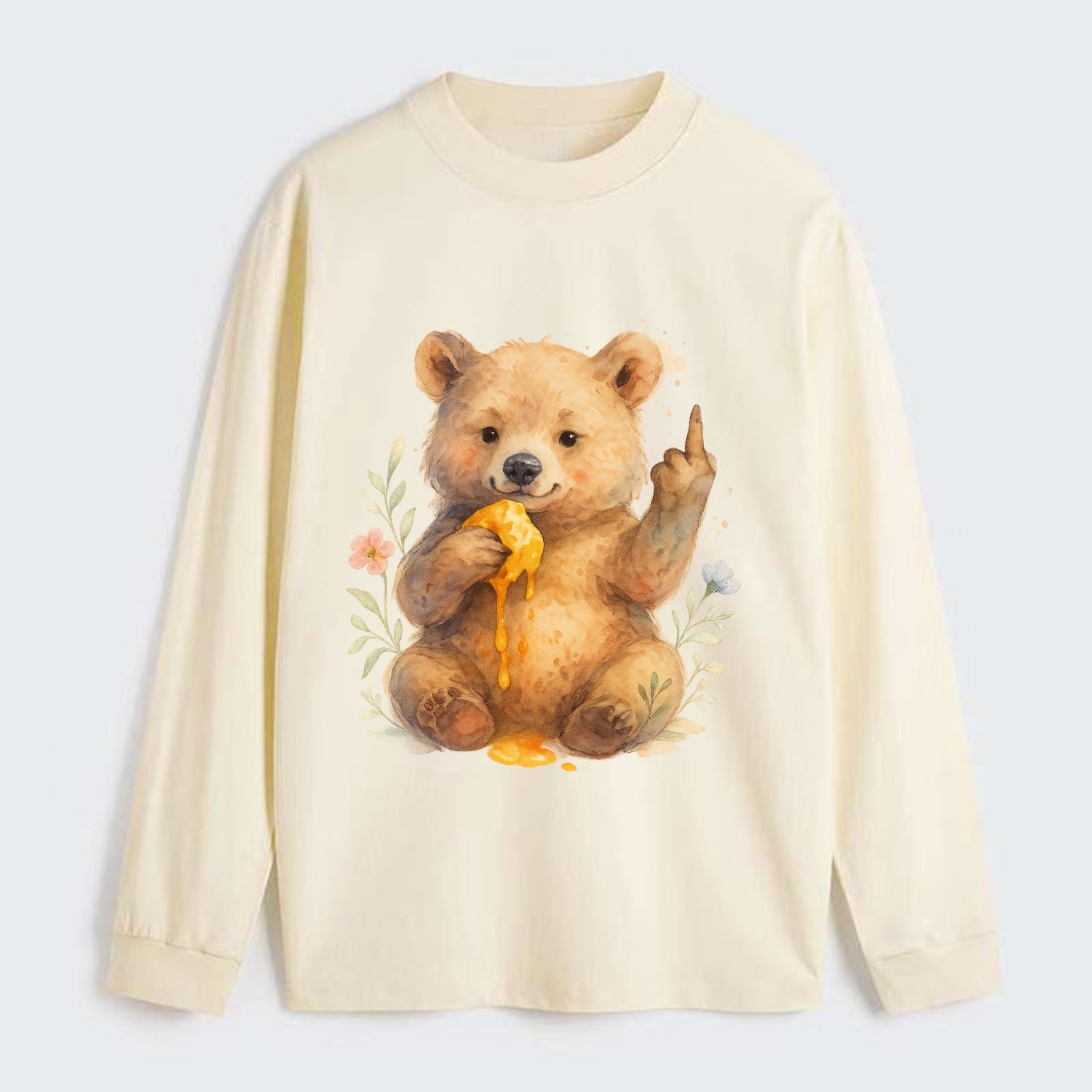 chubby bear cub eating dripping honey, sticky paw up with middle finger - Classic Long Sleeve Shirt - Beige