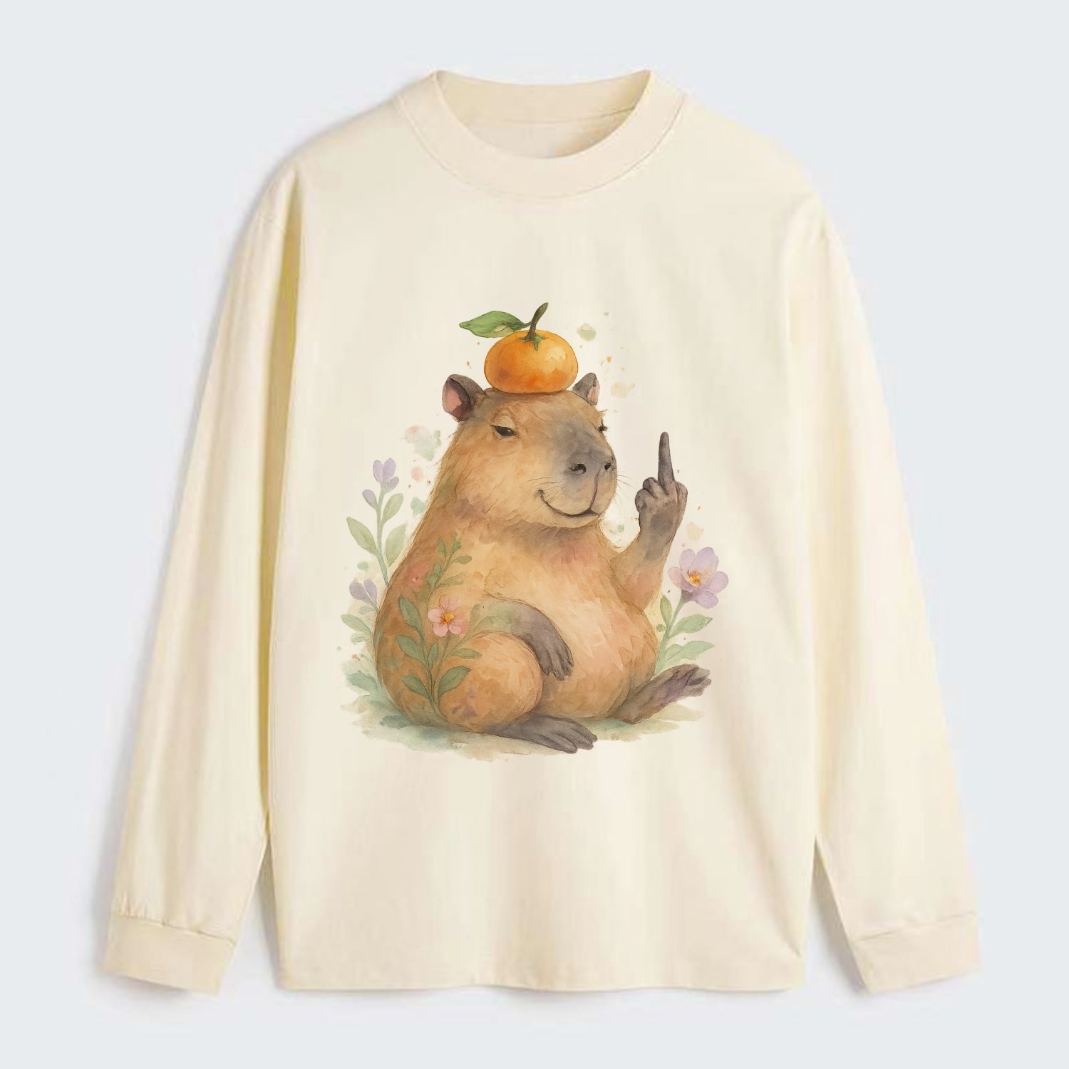 chonky capybara relaxing with orange on head, one webbed middle finger - Classic Long Sleeve Shirt - Beige