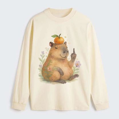 chonky capybara relaxing with orange on head, one webbed middle finger - Classic Long Sleeve Shirt - Beige