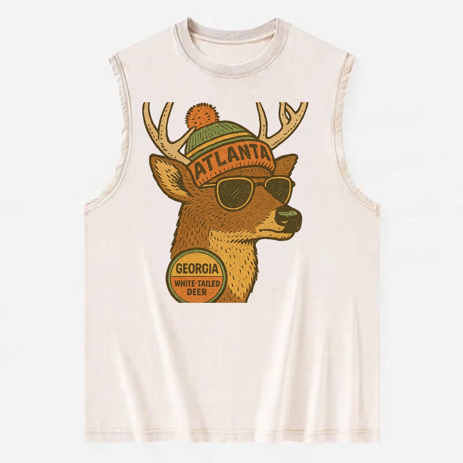 Georgia White-tailed Deer wearing Atlanta beanie with pom pom and wayfarer - Vintage Washed Tank - Beige