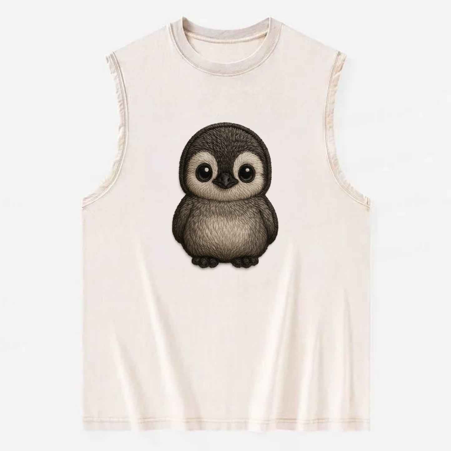 Baby Penguin Chick - gray fluffy, white face, round body, front-facing, - Vintage Washed Tank - Beige