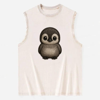 Baby Penguin Chick - gray fluffy, white face, round body, front-facing, - Vintage Washed Tank - Beige