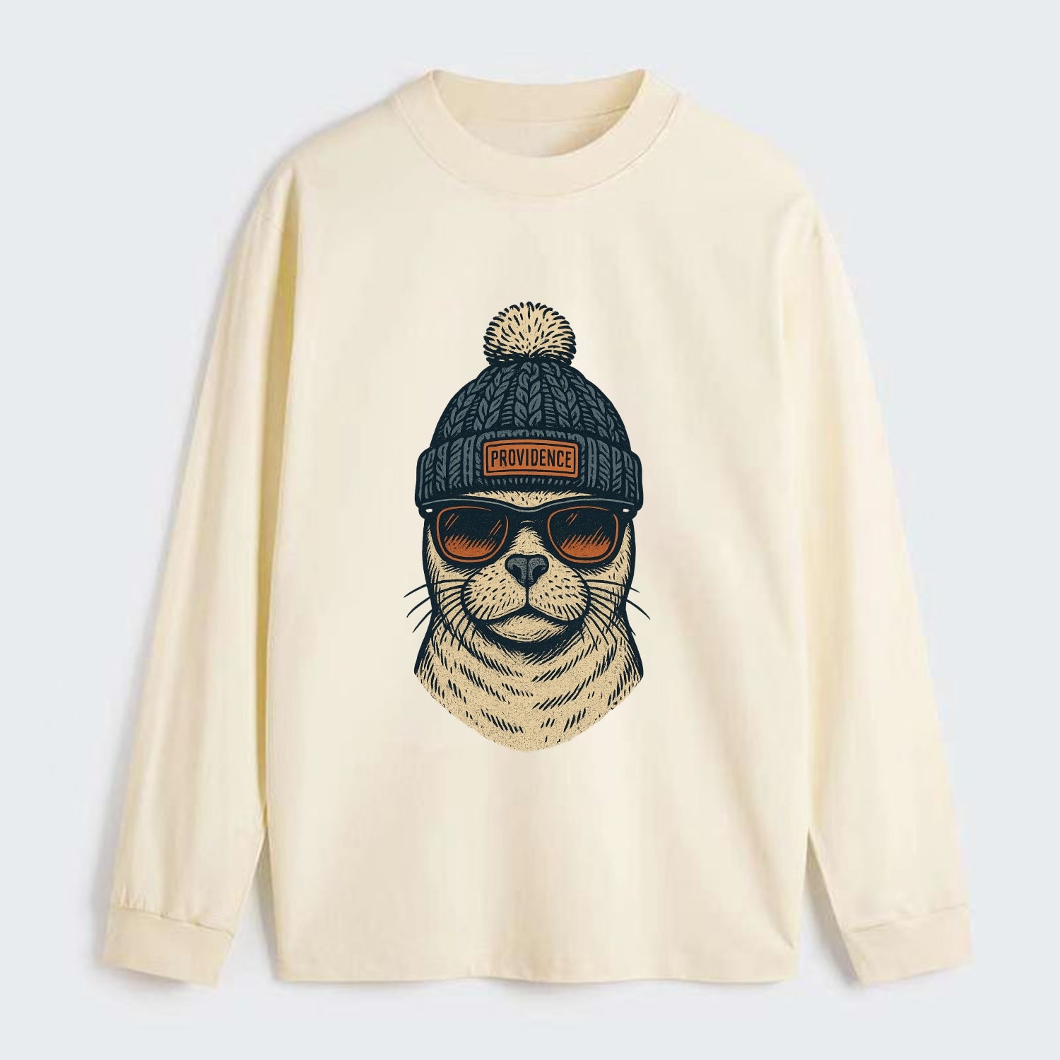 Rhode Island Harbor Seal wearing Providence beanie with pom pom and - Classic Long Sleeve Shirt - Beige