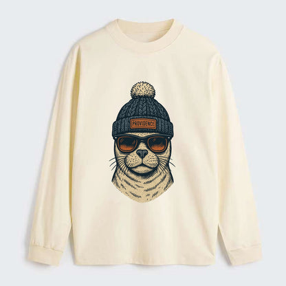 Rhode Island Harbor Seal wearing Providence beanie with pom pom and - Classic Long Sleeve Shirt - Beige